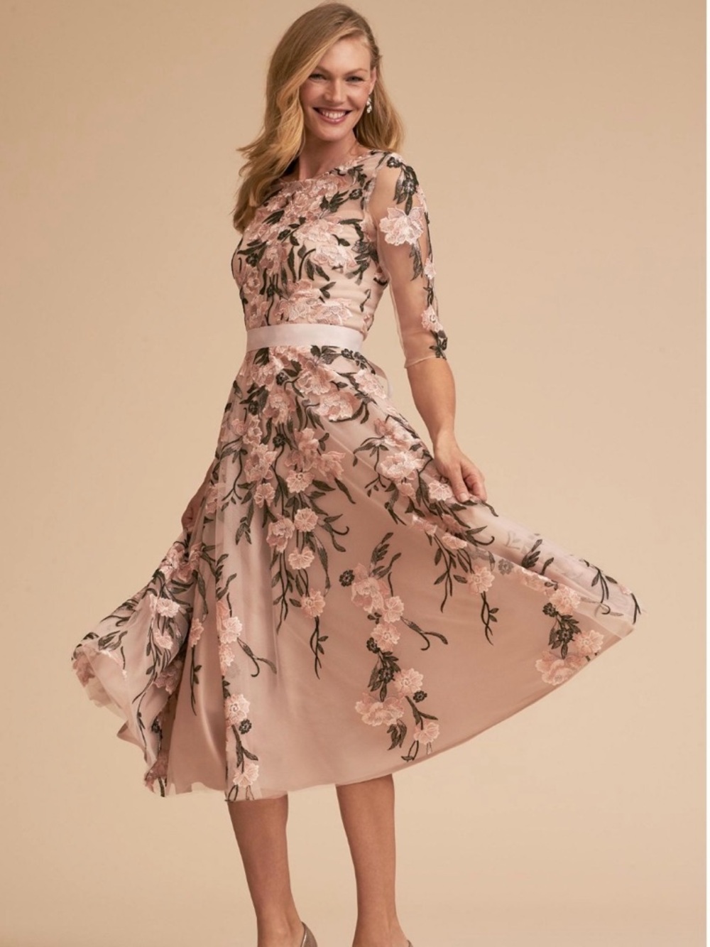 BHLDN Linden Floral Embroidered Pink Tea-Length Dress with Bow - Picture 2 of 2